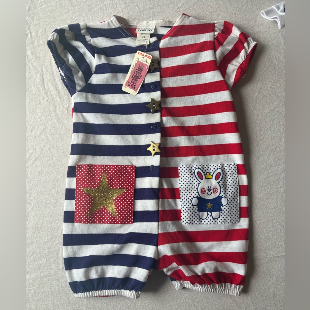 Vintage Peanuts Red, Navy & White Striped Romper 3T